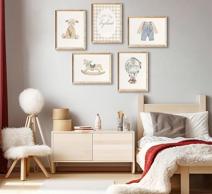 zxcvbn888 5Pcs Vintage Nursery Wall Art Vintage Blue Canvas Posters Bear Pictures Hot air balloon Toddler Art Prints Long Live Boyhood Wall Decor for Boy Nursery Baby Bedroom Kids Unframed