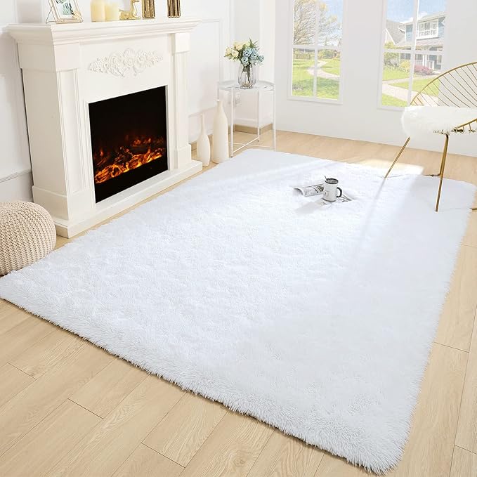 Merelax Modern Soft Fluffy Large Shaggy Rug for Bedroom Livingroom Dorm Kids Room Indoor Home Decorative, Non-Slip Plush Furry Fur Area Rugs Comfy Nursery Accent Floor Carpet 4'x6' White