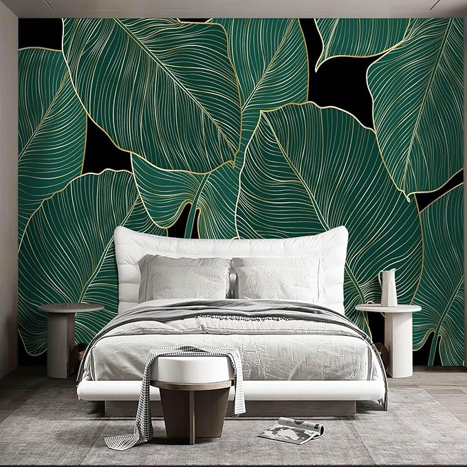 Black and Gold Leaf Mural Bedroom Tropical Green Botanical Wallpaper Room Plant Decor Living Room tv Background Large Wall Mural - 91"x65" (Not Peel and Stick)