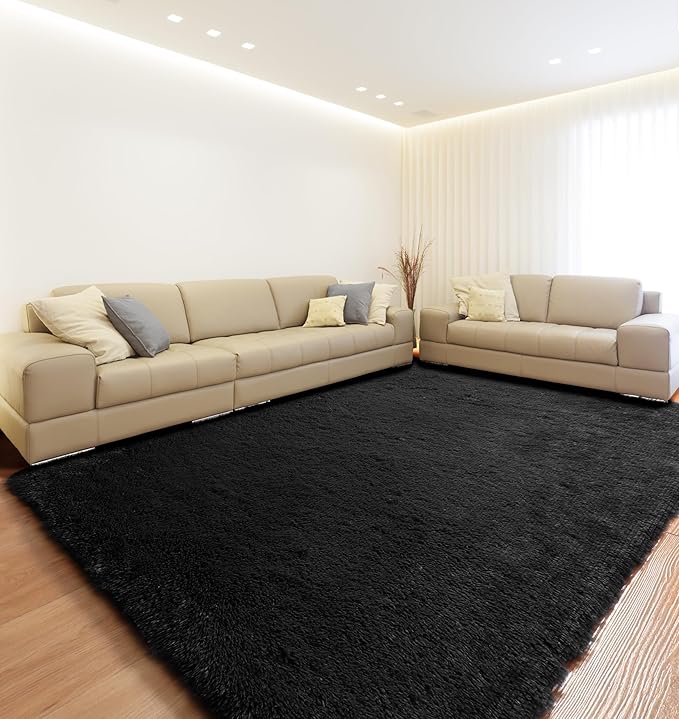 ONASAR Black Area Rugs 9x12 Living Room, Large Fluffy Shag Bedroom Rug, Washable Soft Plush Thick Shaggy Big Floor Carpet for Kids Boy and Girls Teen Dorm Nursery Indoor Home Decor Aesthetic