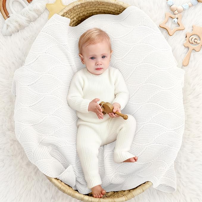 Thick Cotton Knit Baby Blanket 40x31 Inches – Soft Breathable Newborn Blanket for Boys & Girls, Wavy Pattern Receiving Blanket for Crib, Stroller, or Nursery, Gift Box for Baby Shower (White)
