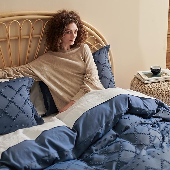 Bedsure Boho Duvet Cover Full Size - Navy Breathable & Soft Boho Bedding, Machine Washable Comforter Cover for All Seasons, Includes 1 Duvet Cover 80"x90" with 2 Pillow Shams & Zipper Closure
