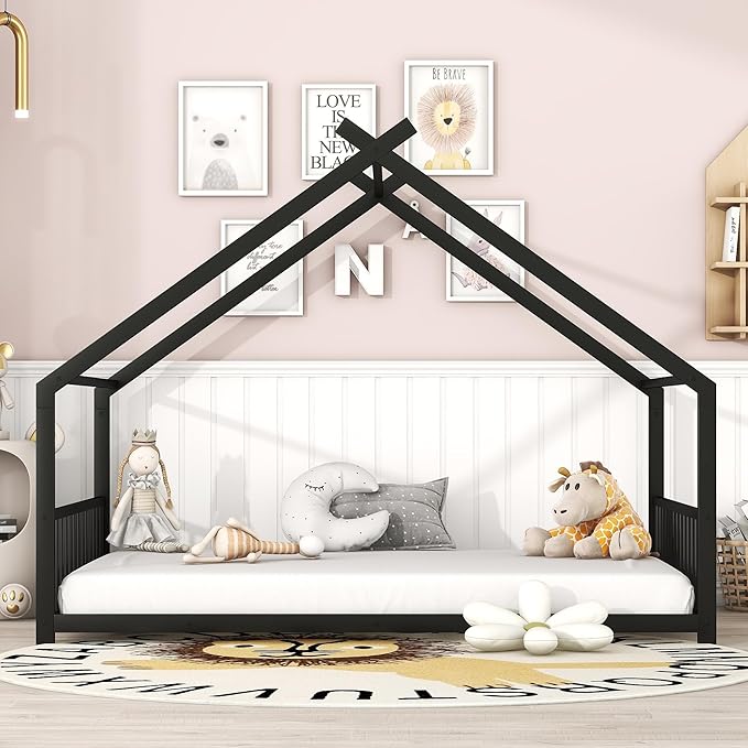 Full Size House Shaped Montessori Platform Beds, Wood Floor Bed Frame with Roof and Fence Deisgn, Kids Double Toddler Bed for Children Boys Girls, Easy Assemble, No Box Spring Needed, Black
