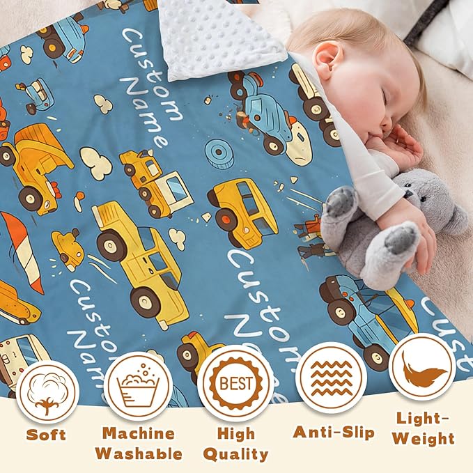 Custom Baby Blanket - Cartoon Cars Design Personalized Name Blanket, Soft Flannel Dot Infant Toddler Blanket for Boys, Customizable Nursery Bedding (47" x60)