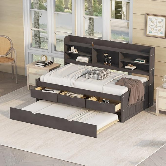 Harper & Bright Designs Twin Size Captain Bed with Built-in Bookshelves/3 Storage Drawers/Trundle, Wooden Twin Daybed Bed Frame for Kids Teens Dorm Bedroom Multipurpose Guest Room, Antique Gray