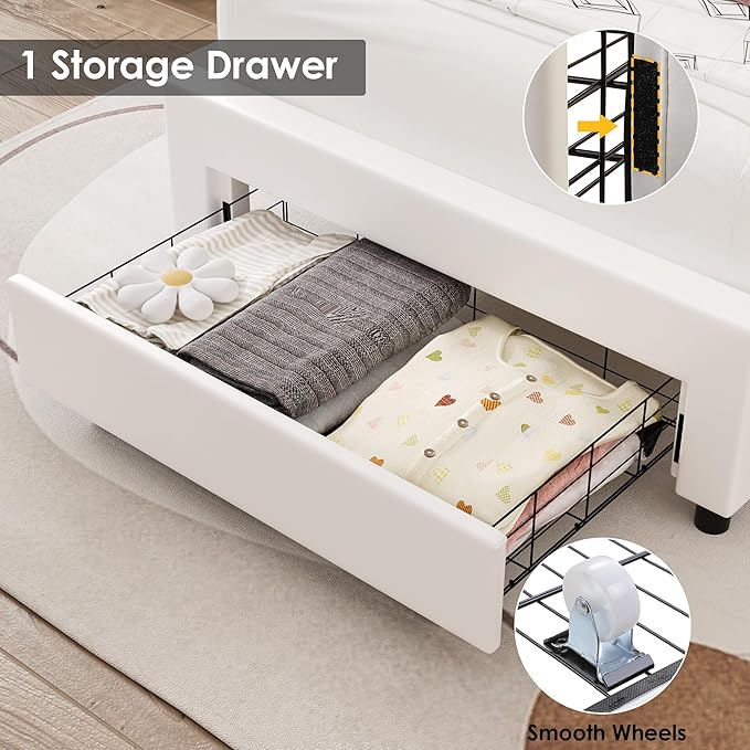 Keyluv Twin Upholstered LED Bed Frame with Storage Drawer, Leather Princess Platform Bed with Adjustable Crystal Button Tufted Crown Headboard, Solid Wooden Slats Support, No Box Spring Needed, White