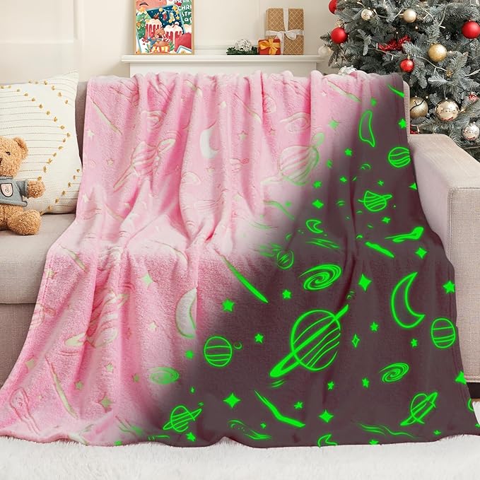 inhand Pink Blanket Girl Room Decor Glow in The Dark Blanket Soft Cute Space Star Moon Galaxy for Kids Birthday Gifts Planet Toys for 3,4,5,6,7,8,9,10,11,12 Years Old (50''x60'' Pink)
