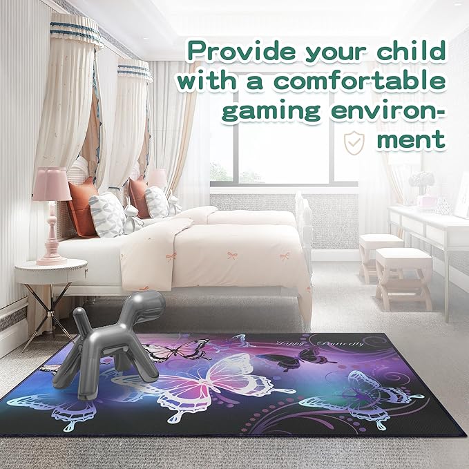 Beautiful Butterfly Fantasy Rug for Playroom Girls Bedroom Colorful Rainbow Butterfly Decor Area Carpet 3x4 Purple Mat 3D Printed Non-Slip Washable