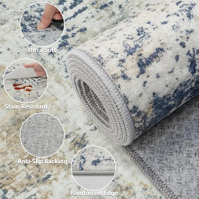 8x10 Area Rugs for Living Room Bedroom: Abstract Washable Rug with Anti-Slip Backing Non-Shedding Stain-Resistant Soft Large Carpet for Dining Room Nursery Hallway Indoor Home Office Blue Brown