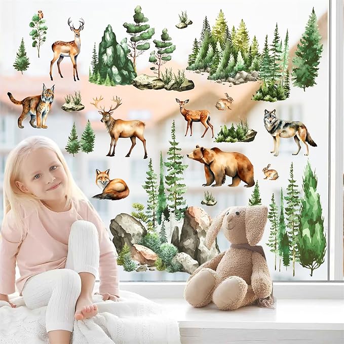 Woodland Animal Window Stickers Clings Watercolor Mountain Animal Tree Wall Decals Green Pine Tree Window Decals Forest Animals Wall Stickers Woodland Window Decoration for Bedroom Living Room