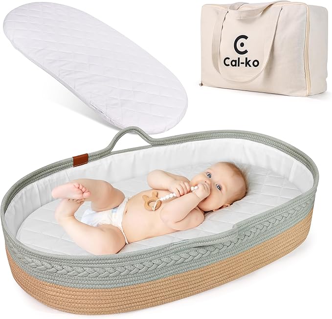 Moses Basket for Newborns – Baby Changing Basket with Waterproof Pad – Reinforced Mesh Sides – Includes Travel Case – Portable Diaper Basket for Dresser Top or Nursery Use (Cotton, Teal)