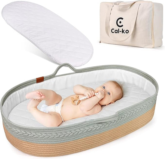 Moses Basket for Newborns – Baby Changing Basket with Waterproof Pad – Reinforced Mesh Sides – Includes Travel Case – Portable Diaper Basket for Dresser Top or Nursery Use (Cotton, Teal)