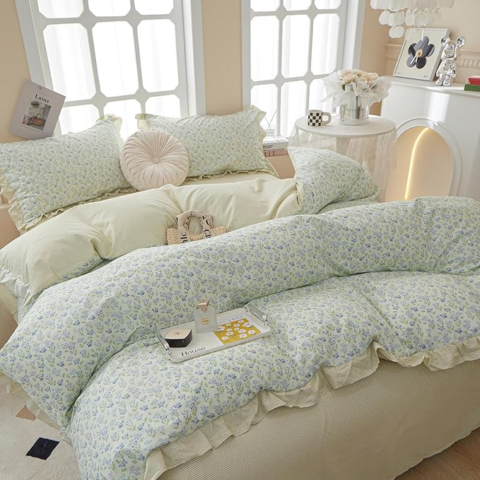Ruffle Duvet Cover Queen Garden Style Lace Duvet Cover Soft Cotton Vintage Floral Blue Flower Bedding Set Romantic Ruffle Comforter Cover Princess Lace Bedding Botanical Comforter Cover Queen Size