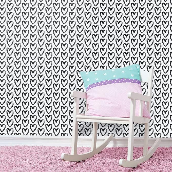 Timeet Modern Black White Wallpaper Peel and Stick Wallpaper Heart Contact Paper Vinyl Self Adhesive Wall Paper for Kids Room Bedroom Laundry Decoration Vinyl Roll 17.7"x394"