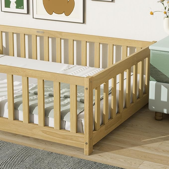 Ball & Cast Twin Size Floor Bed Frame,Montessori Floor Bed with Safety Fence,Wood Platform Toddler Bedframe for Girls Boys,Bedroom,Playroom,Easy Assembly & No Box Spring Needed,Natural