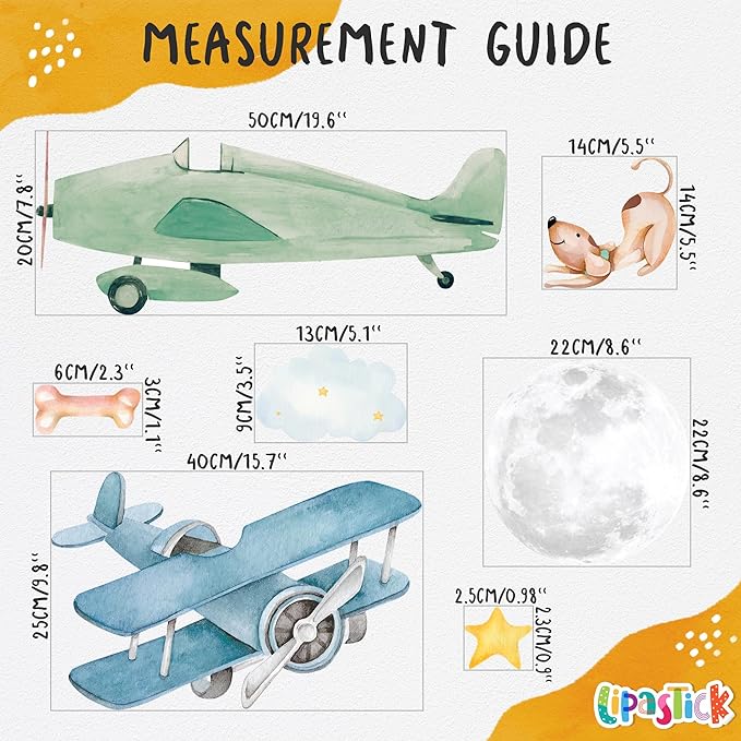 Airplane Wall Decals by Lipastick - Wall Decals for Boys Bedroom, Watercolor Vintage Plane Stickers for Kids, Boys Room, Baby Nursery, Toddler Decor - Premium Vinyl Aircraft Art