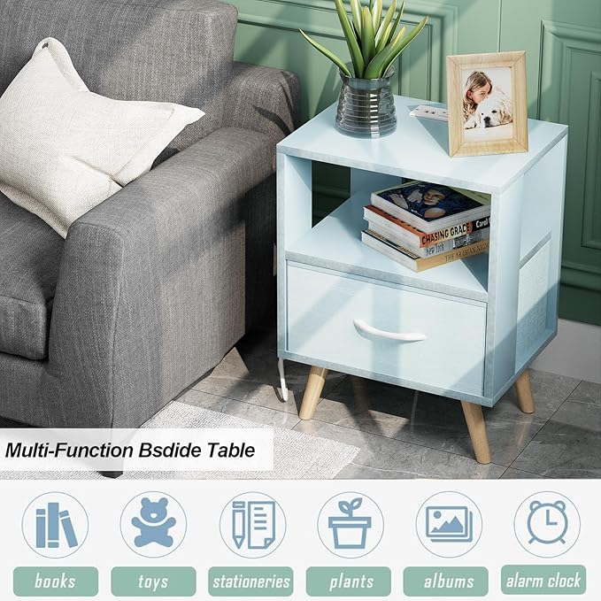 Night Stand with Charging Station, Blue Kids Nightstand with Drawer, 2-Tier Nursery Bedside Table with USB Ports and Outlets, End Table for Small Space, Living Room, Bedroom