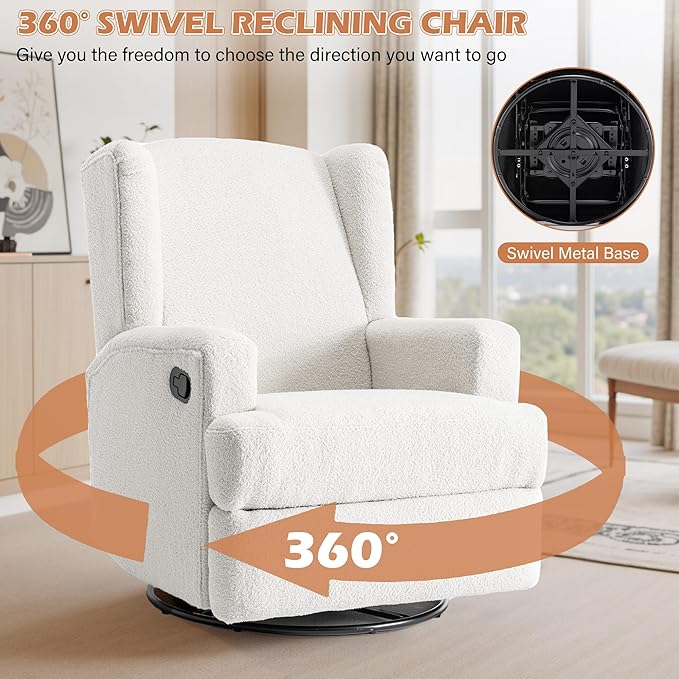 UIXE Swivel Glider Recliner Chairs Set of 2, Boucle High Back Accent Chair Nursery Rocker for Living Room, Upholstered Manual Reclining Sofa Seating with Deep Seat - Beige