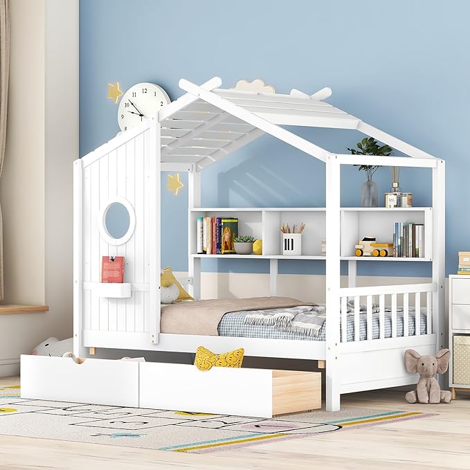 Twin Size Wooden House Bed with 2 Drawers, Modern Design Kids Bed Frame with Storage Shelf for Kids Teens Adults, Wood Slat Support, No Box Spring Needed, Easy Assembly (White)