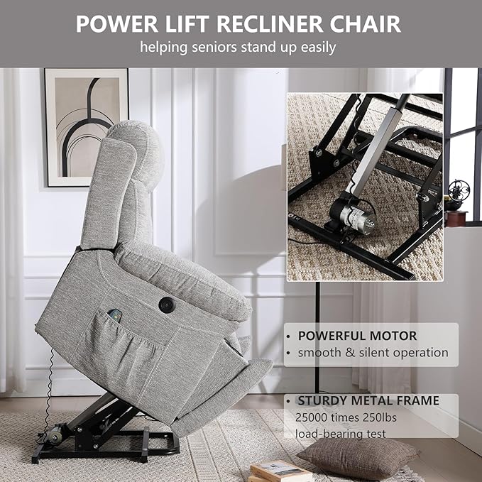 CANMOV Large Power Lift Recliner Chairs with Massage and Heat for Elderly Big People, Heavy Duty Motion Reclining Mechanism-Anti Skid Fabric Recliner Chair with 2 Concealed Cup Holders, Smoke Gray