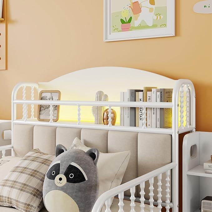 Ball & Cast Twin Size Toddler Bed W/LED Light,Metal Bed W/Storage Headboard & 2 3-Tiers Storage Shelves,Platform Bed Frame W/Safety Guardrails & Low Profile Design,for Boys Girls,White