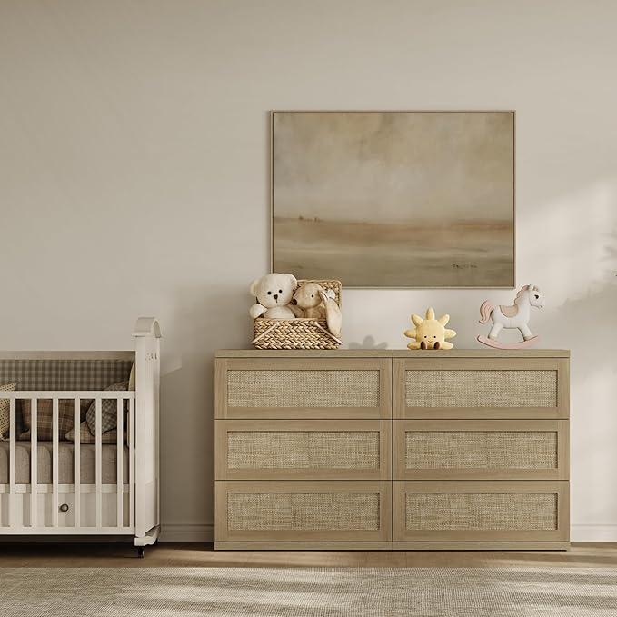 SICOTAS Dresser for Bedroom - 9 Drawer Dresser for Nursery 75" Wide Rattan Dressers & Chests of Drawers Boho Drawers for Bedroom Living Room Clothes Long Closet Storage for Closet Hallway Entryway