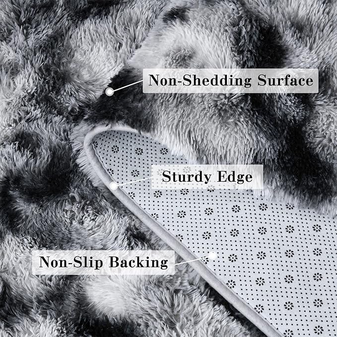 DweIke Fluffy Tie-Dyed Black White Rugs for Bedroom Living Room, 5x8 Large Soft Plush Shaggy Dark Girls Boys Kids Rug, Upgraded Non-Slip and Machine Washable Carpet for Dorm Nursery Classroom Decor