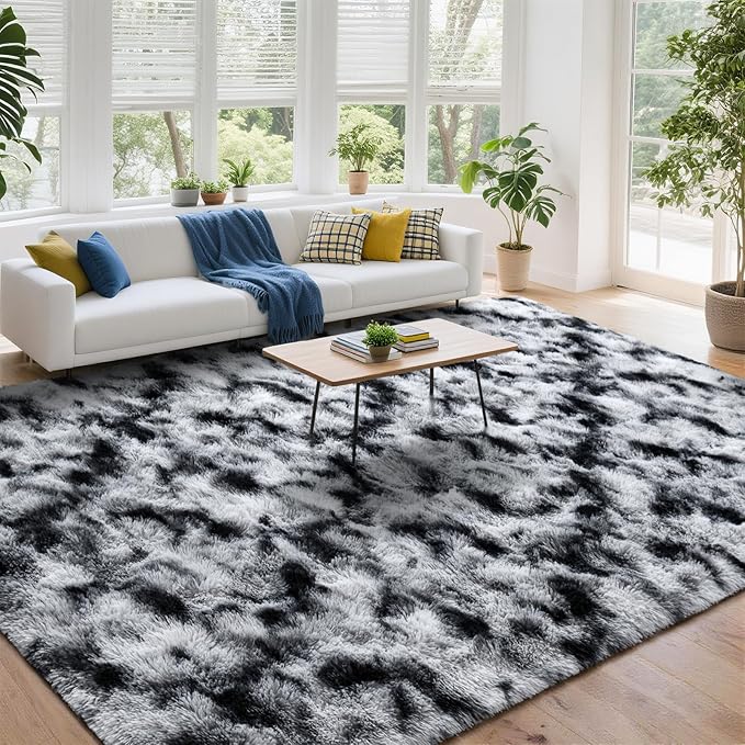 DweIke Fluffy Tie-Dyed Black White Rugs for Bedroom Living Room, 4x6 Feet Soft Plush Shaggy Dark Girls Boys Kids Rug, Upgraded Non-Slip and Machine Washable Carpet for Dorm Nursery Classroom Decor