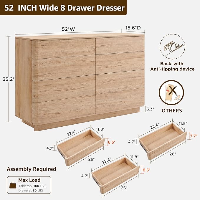 ACCOHOHO 8 Drawer Dresser for Bedroom, 52 Inch Wide Modern Chest of Drawers, Push-to-Open Wood Storgae Organizer with Large Drawers for Bedroom, Living Room, Hallway,Natural Oak