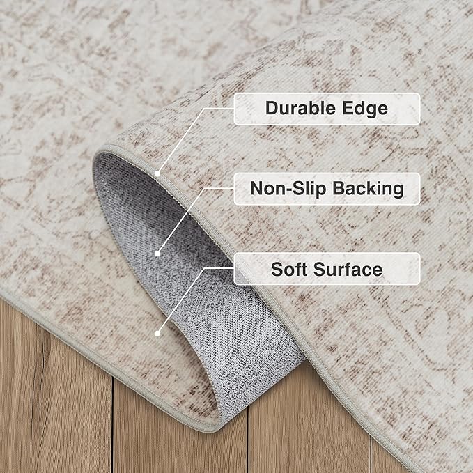 FMFUNCTEX 4x6 Washable Area Rug Neutral Vintage Beige Distressed Non Slip Low Pile Traditional Indoor Carpet for Living Room Bedroom Soft Retro Mat Throw Rug for Dining Office Kitchen Dorm Entryway