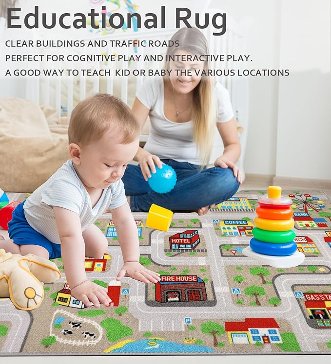Kids Carpet Playmat Rug 5'2''x3'3'', Kids Rugs for Bedroom, Non-Slip Town City Road Map Car Rugs for Kids Toy Cars, Track Carpet Play Rug for Playroom Classroom Decor (Tan)
