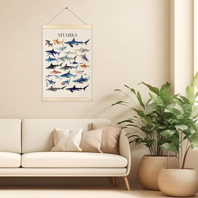 Ecezatik Watercolor Sharks Wall Art with Wooden Poster Hanger, Shark Posters, Beach Room Decor, Ocean Room Decor, Shark Wall Art Decor for for Classroom Nursery Kids Room Playroom, 16x24 Inch