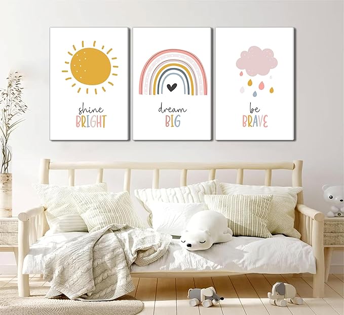 3 Pcs Boho Nursery Canvas Wall Art Dream Big Be Brave Shine Bright Bohemia Sun Rainbow Pictures Kids Wall Decor Poster Print Artwork for Boys Girls Bedroom Children Room Home Decoration