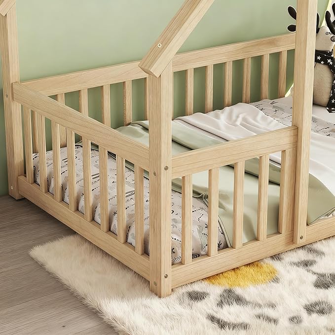 Casaphoria Full Size House-Shaped Montessori Bedframe, Solid Pine Wood Kids Bed Frame, Toddler Floor Bed with Door & Fence for 1-3 Years Old Kids, Natural