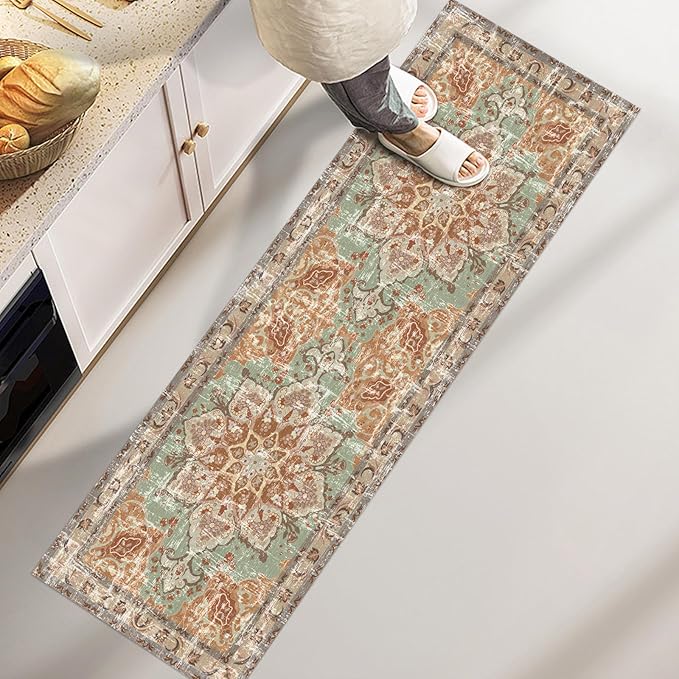Vhong Washable Vintage Area Rugs Boho Neutral Modern Small Carpet 2x6 Brick Non Slip Runners for Kitchen Laundry Bedroom Living Room