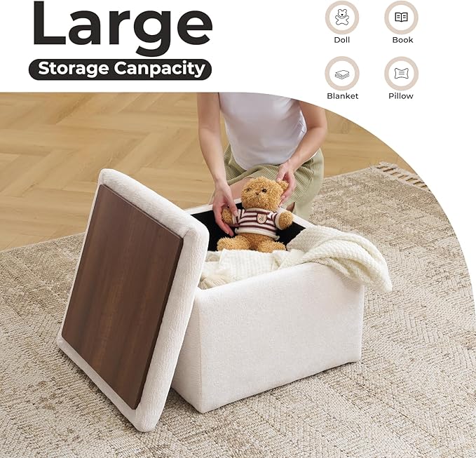 Cube Storage Ottoman, Chenille Ottoman Foot Stools, Ottoman Footstool with Removable Lid, Storage Ottoman for Chair, Multi-Functional Footrest, White