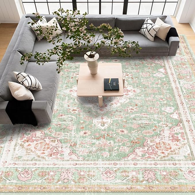 Vhong Washable Area Rugs Boho Vintage Modern Neutral Large Carpet Green and Pink High Traffic Rugs 9×12 for Dinning Room Living Room Bedroom Farmhouse Non Slip