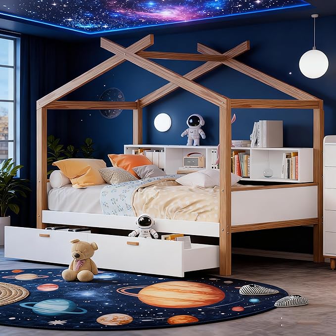 Full Size Wooden House Bed with Twin Size Trundle and Bookshelf Storage Space, Original Wood Colored Frame with Roof and Slats Support for Kids Teens Girls Boys Bedroom (White+Trundle, Full)