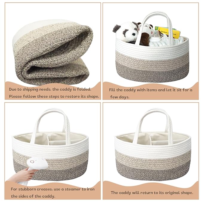 Baby Diaper Caddy Organizer, Large Cotton Rope Nursery Diaper Basket, Changing Table Organizer, Portable Tote Bag with Divider, Car Storage, Baby Shower Gifts for Newborn Girls - Gradient Brown