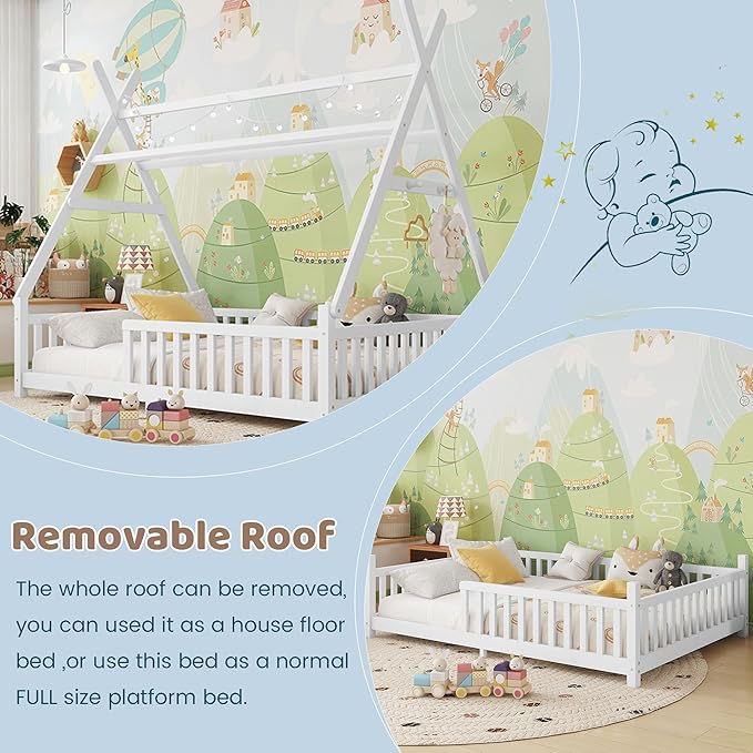 Montessori Bed Full Size with Light and Slats, Wood Teepee Floor Bed for Kids Boys Girls,House Bed Frame with Rails & Roof,No Box Spring Needed, White