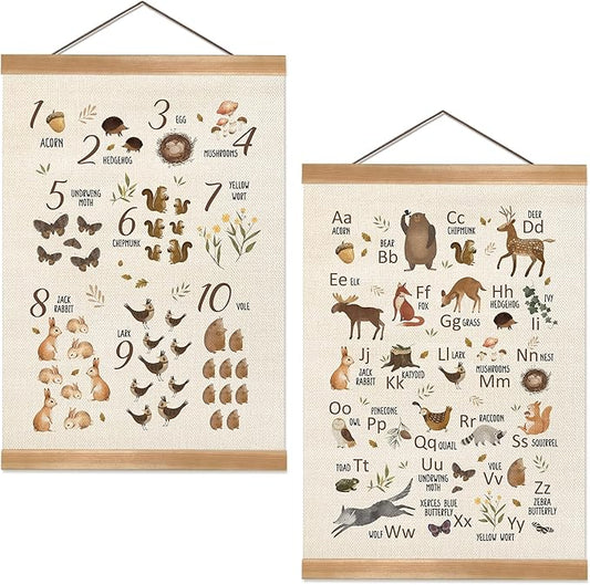 Animal Alphabet Numbers Poster Set of 2, Children's Room Wall Art, ABC&123 Banner Poster, Letter Numbers Banner Wall Hanging Decor for Toddler Room Playroom Nursery Classroom 12x16inch (Forest animal)