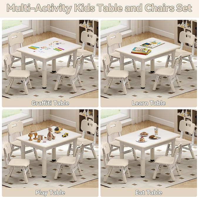Kids Study Table and Chairs Set, Height Adjustable Toddler Table and Chair Set for Kids Ages 3-8, 31.5" L x 23.6" W Graffiti Desktop Plastic Children Art Table with 4 Seats