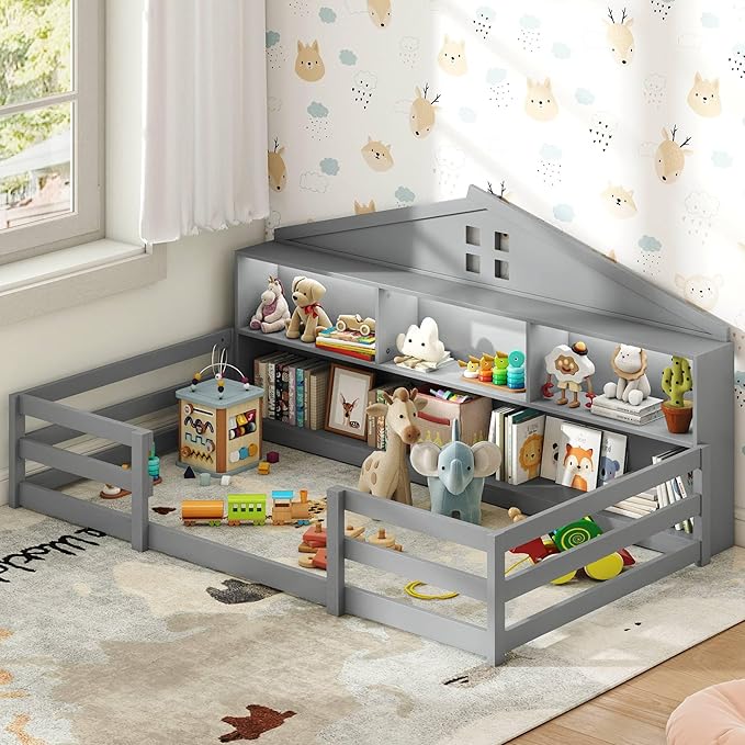 KOMFOTT Twin Floor Bed with Bookcase & LED Light, Wood Bed Frame with Bedside Bookshelves & Guardrails, Versatile 2-in-1 Montessori Floor Bed for Kids (Twin with Led Light,Grey)