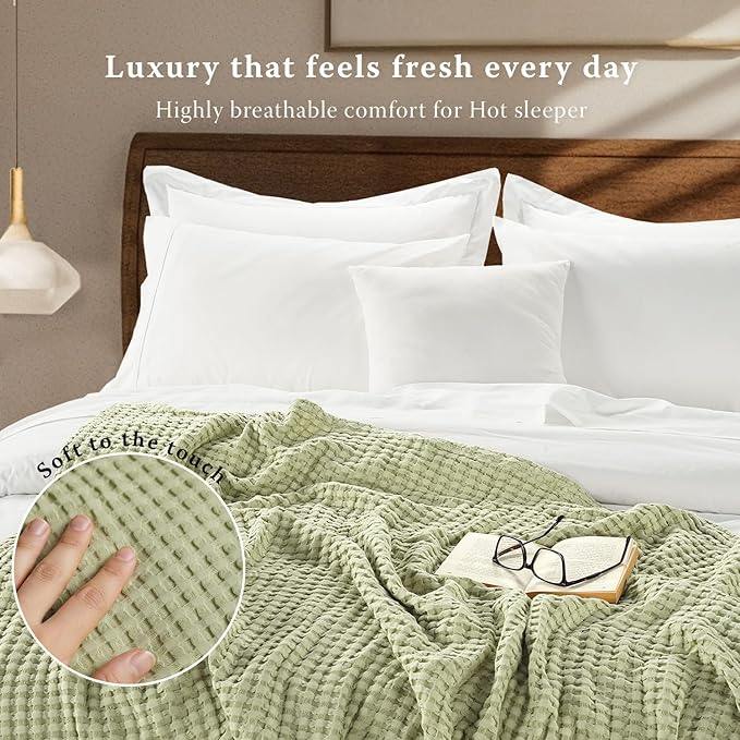 Threadmill Cooling Cotton Waffle Queen Size Blanket | Breathable, Lightweight & Ultra-Soft |Made from Rayon Derived from Bamboo | Cooling Throw Blanket for Couch and Sofa|90 x 92 Inches | Sage Green