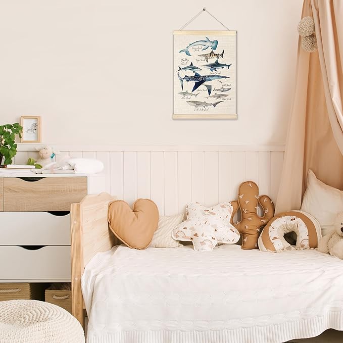 Ecezatik Species of Sharks Wall Art with Wooden Poster Hanger, Shark Posters, Beach Room Decor, Ocean Room Decor, Shark Wall Art Decor for for Classroom Nursery Kids Room Playroom, 12x16 Inch