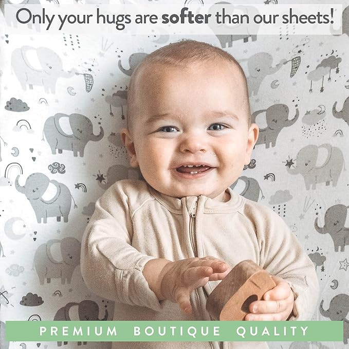 Baby Fitted Crib Mattress Sheets Set for Boys and Girls – Snuggly Soft 100% Jersey Cotton Toddler Bed Sheets – Grey White Elephant, Star, Cloud, Moon, Owl – 2 Pack