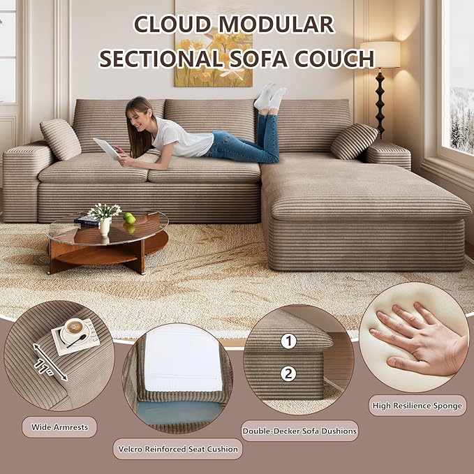 Cloud Sectional Couch,107 Inch Modular Sectional Sofa with Deep Seat, Modern Corduroy Boneless Couches with L-Shape Chaise for Living Room Bedroom, No Assembly Required (Camel, Right Facing Chaise)