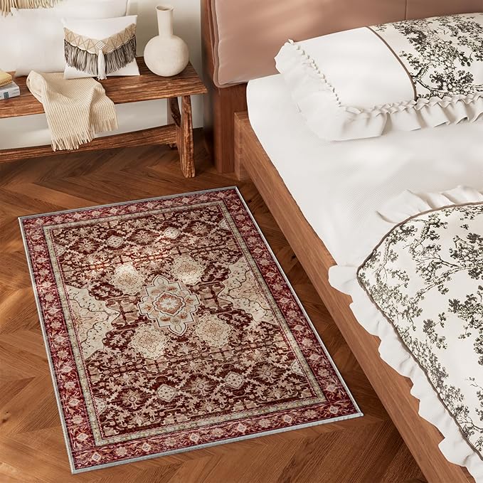 AMTOVO 2x3 Washable Entryway Area Rug Door Mat, Vintage Boho Distressed Print Pattern Non-Slip Carpet, Small Throw Rug for Indoor Entrance Kitchen Bedroom Bathroom Laundry Floor, Vintage Red