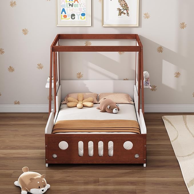 Cute Fun Play Design Twin Size Car Bed,Kids Platform Bed with Car-Shaped Headboard and 2 Windows,Solid Wood Car Bed Frame with Strong Slatted Support for Kids Teens,Can be Decorated