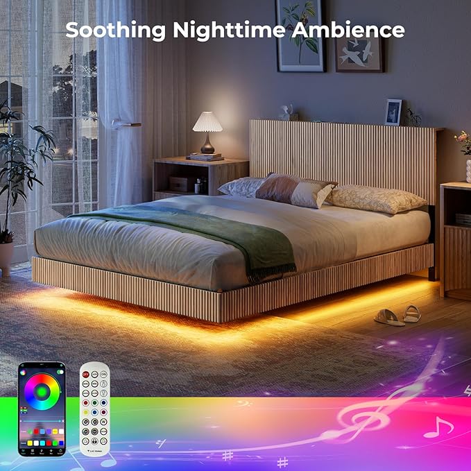 Evermagin Natural Queen Floating Bed Frame with Headboard, Boho Fluted Platform Bed with LED Lights, Heavy Duty Floating Bedframe with Charging Station, No Box Spring Needed